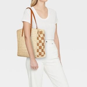 Universal Thread Tan and Cream Checkered Beach Boho Tote
